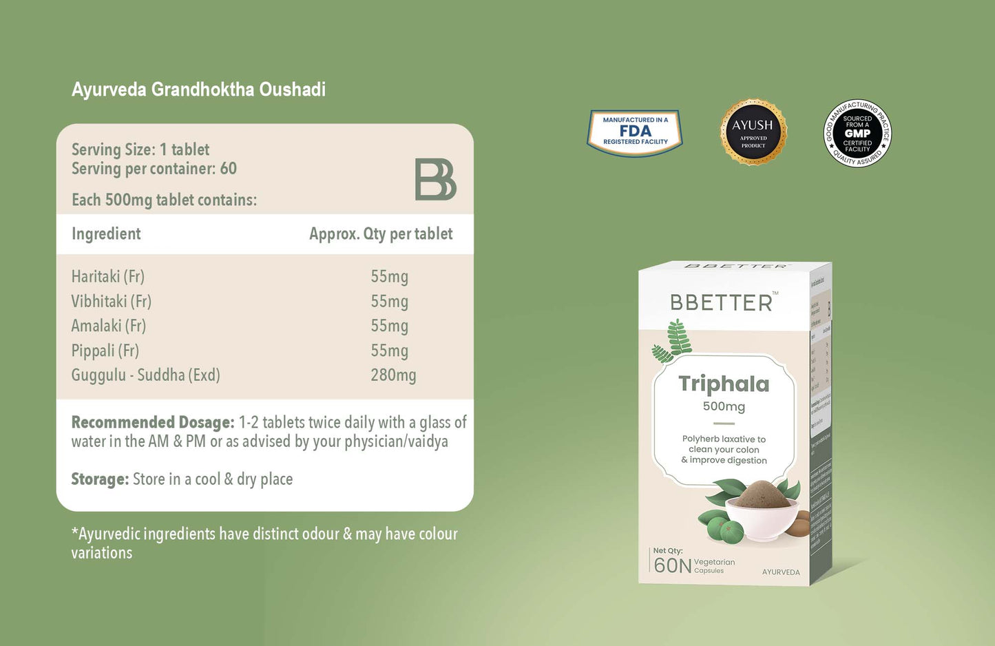 BBETTER Triphala 500mg - 60 Vegetarian Tablets