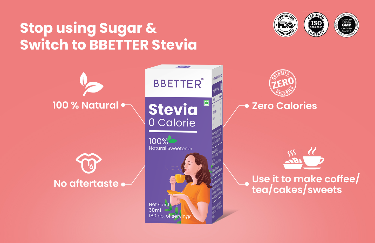 BBETTER Stevia - 100% Natural | 0 Calorie | Pack of 3