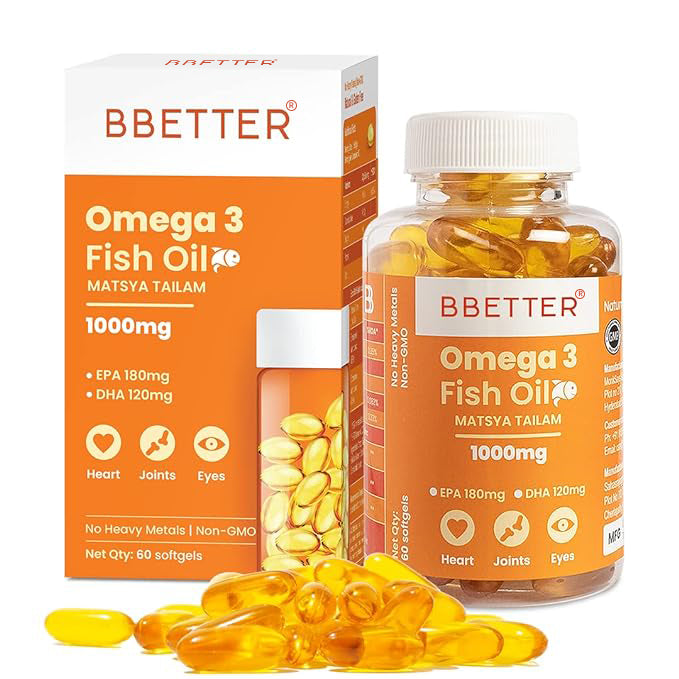 BBETTER Omega 3 Fish Oil Capsules - With 180 EPA : 120 DHA for Heart, Joints & Eyes
