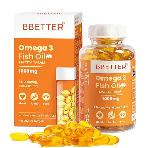 BBETTER Omega 3 Fish Oil Capsules - With 180 EPA : 120 DHA for Heart, Joints & Eyes