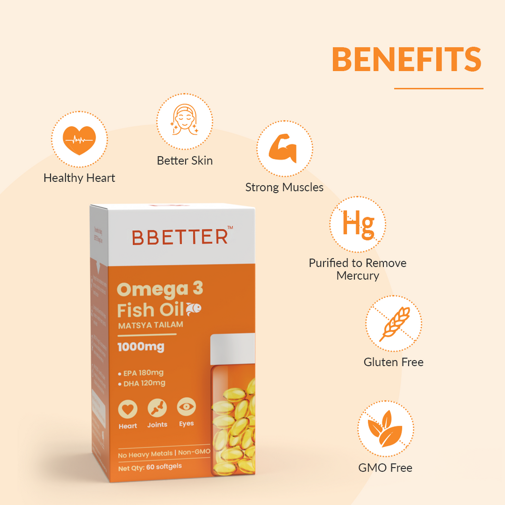 BBETTER Omega 3 Fish Oil Capsules - With 180 EPA : 120 DHA for Heart, Joints & Eyes