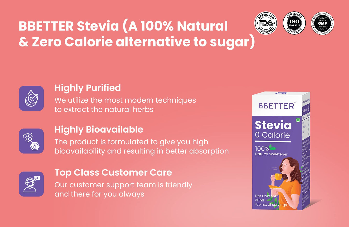 BBETTER Stevia - 100% Natural | 0 Calorie | Pack of 2