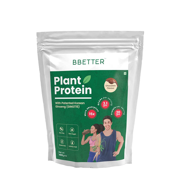 BBETTER Plant Protein for Men & Women | Enriched with Patented Korean Ginseng | 100% Vegan Protein Powder with NO ADDED SUGAR | Whey Protein Alternative with 20g Protein per serving | Chocolate Flavour