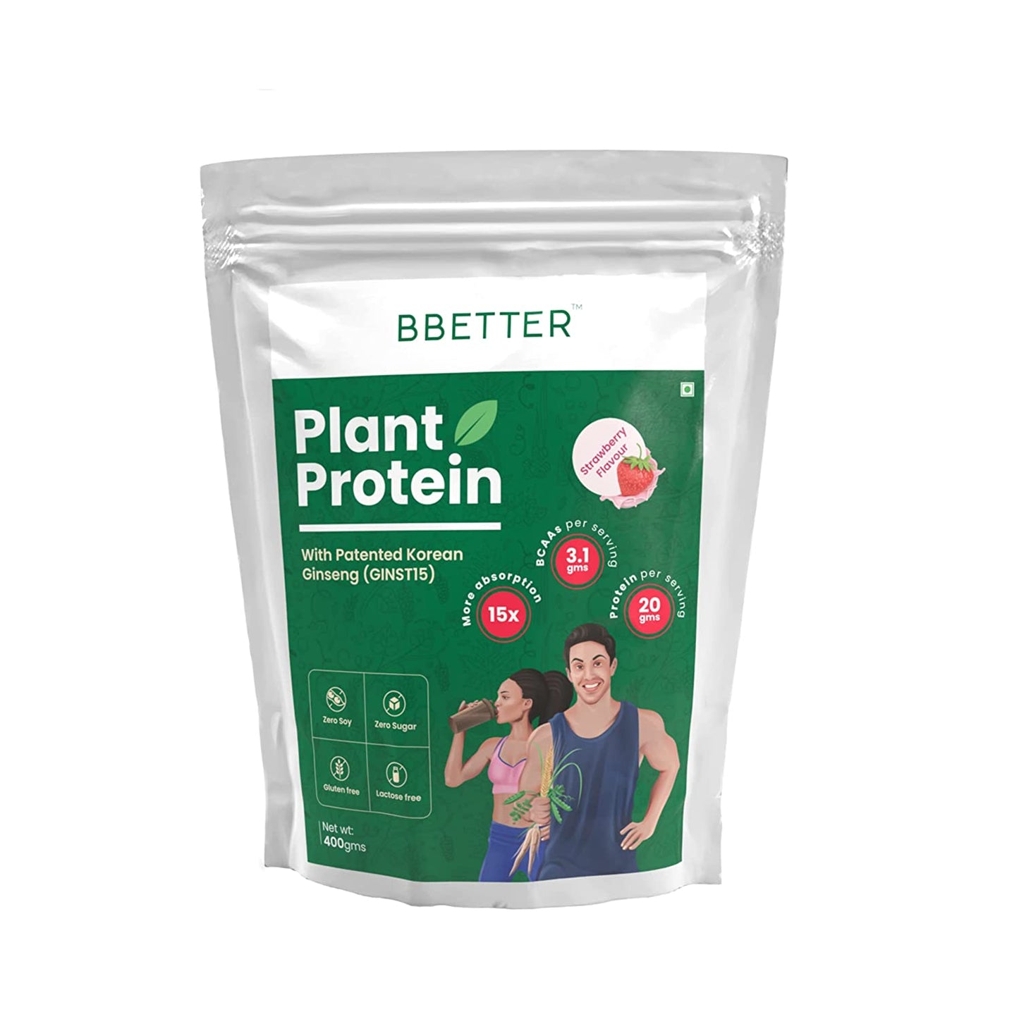 BBETTER Plant Protein for Men & Women | Enriched with Patented Korean Ginseng | 100% Vegan Protein Powder with NO ADDED SUGAR | Whey Protein Alternative with 20g Protein per serving | Strawberry Flavour