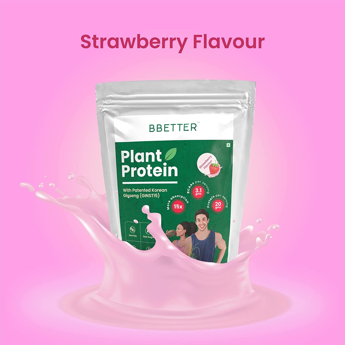 BBETTER Plant Protein for Men & Women | Enriched with Patented Korean Ginseng | 100% Vegan Protein Powder with NO ADDED SUGAR | Whey Protein Alternative with 20g Protein per serving | Strawberry Flavour