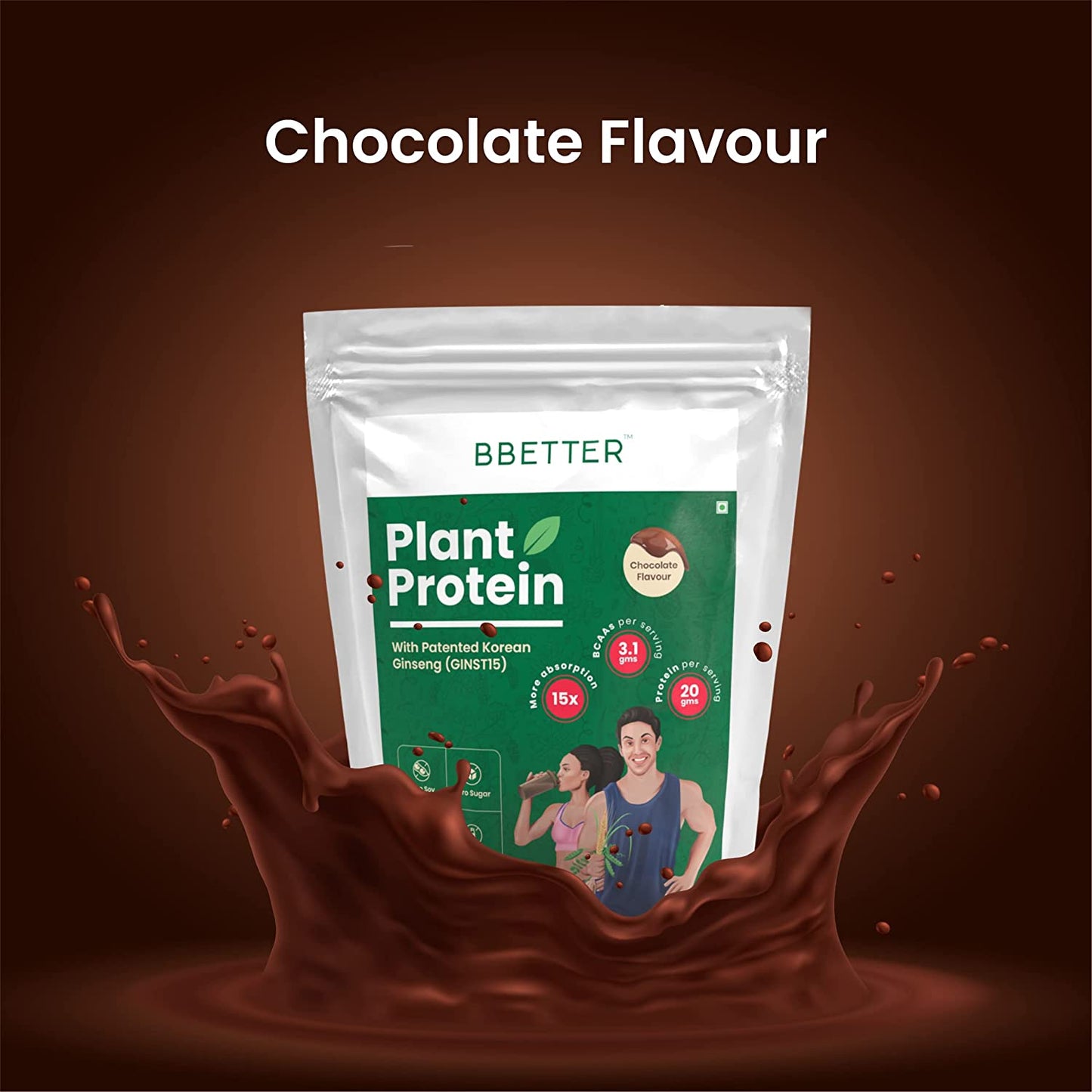 BBETTER Plant Protein for Men & Women | Enriched with Patented Korean Ginseng | 100% Vegan Protein Powder with NO ADDED SUGAR | Whey Protein Alternative with 20g Protein per serving | Chocolate Flavour