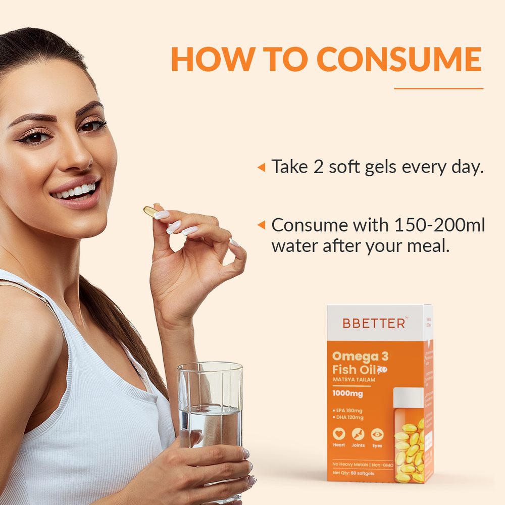 BBETTER Omega 3 Fish Oil Capsules - With 180 EPA : 120 DHA for Heart, Joints & Eyes